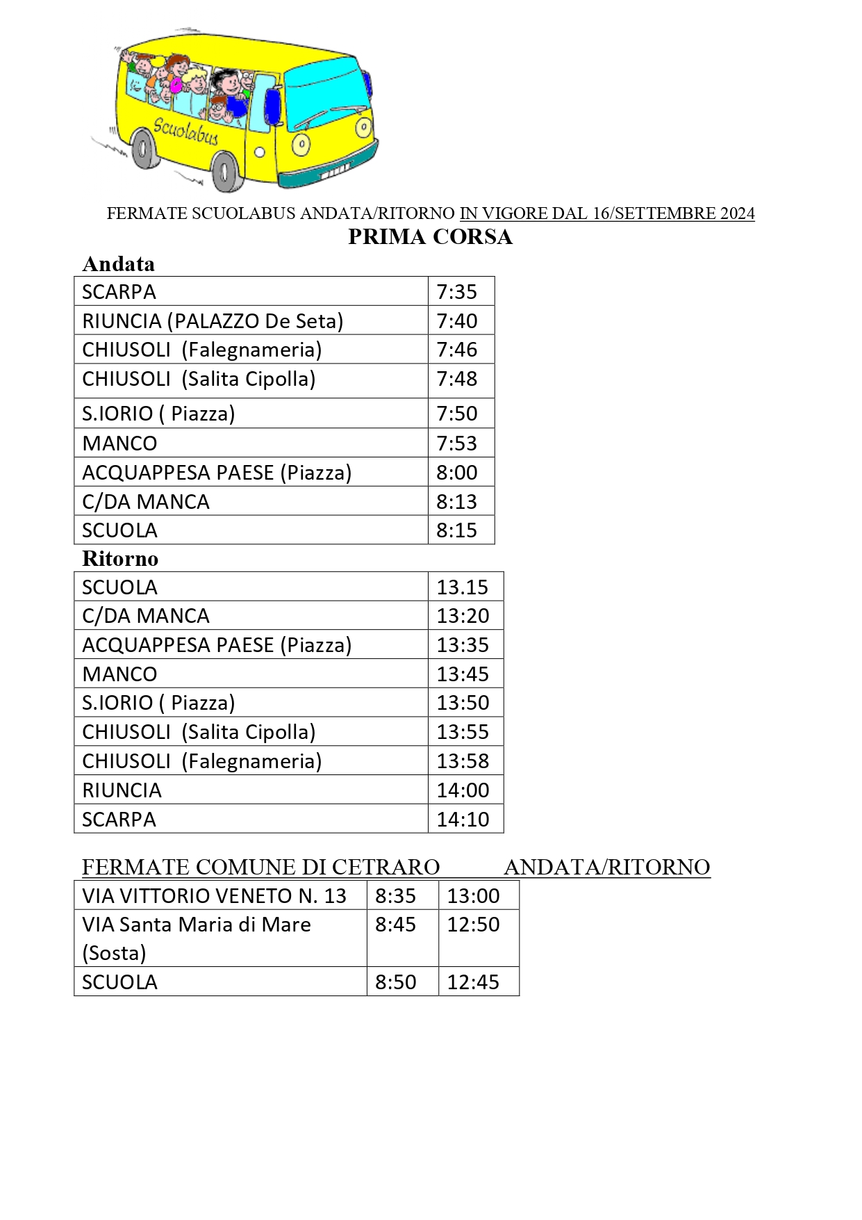 AVVISO ORARI SCUOLABUS COMUNALI