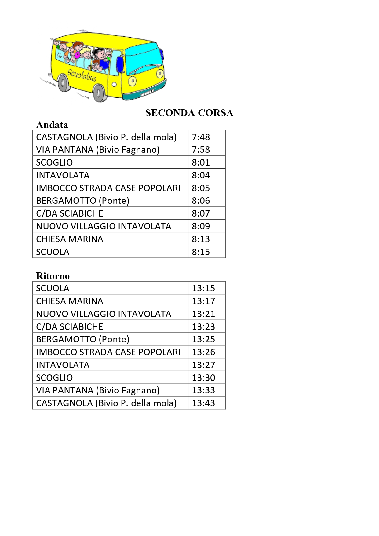 AVVISO ORARIO SCUOLABUS SECONDA CORSA